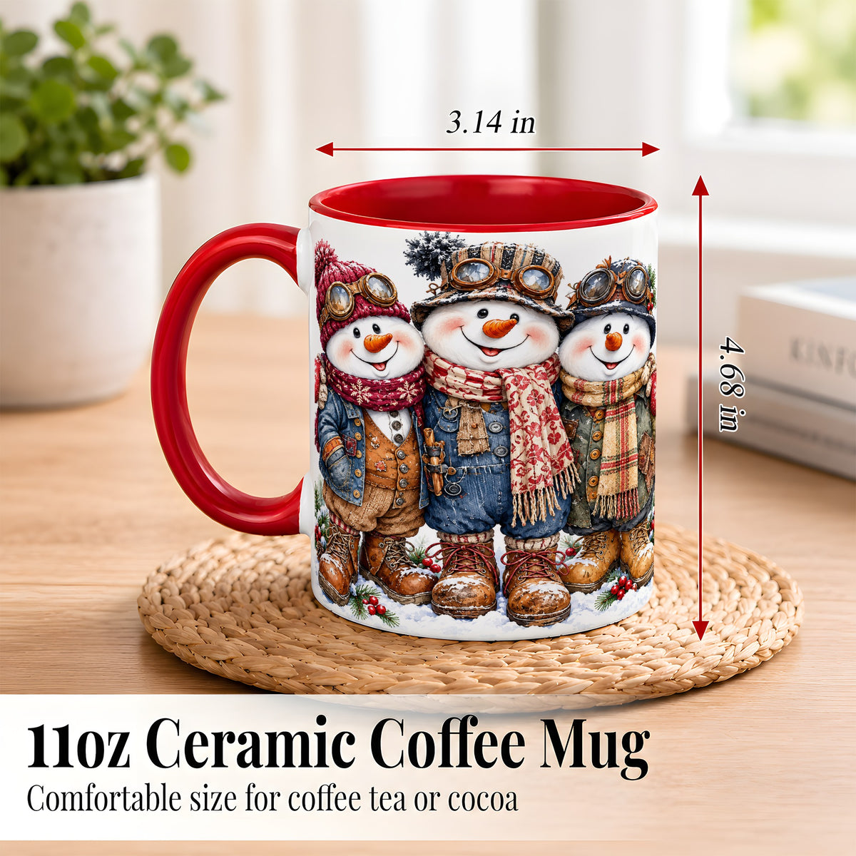 #pl[11oz|Red] Steampunk Snowman Coffee Mug, Winter Friends Mug, Ceramic Cup