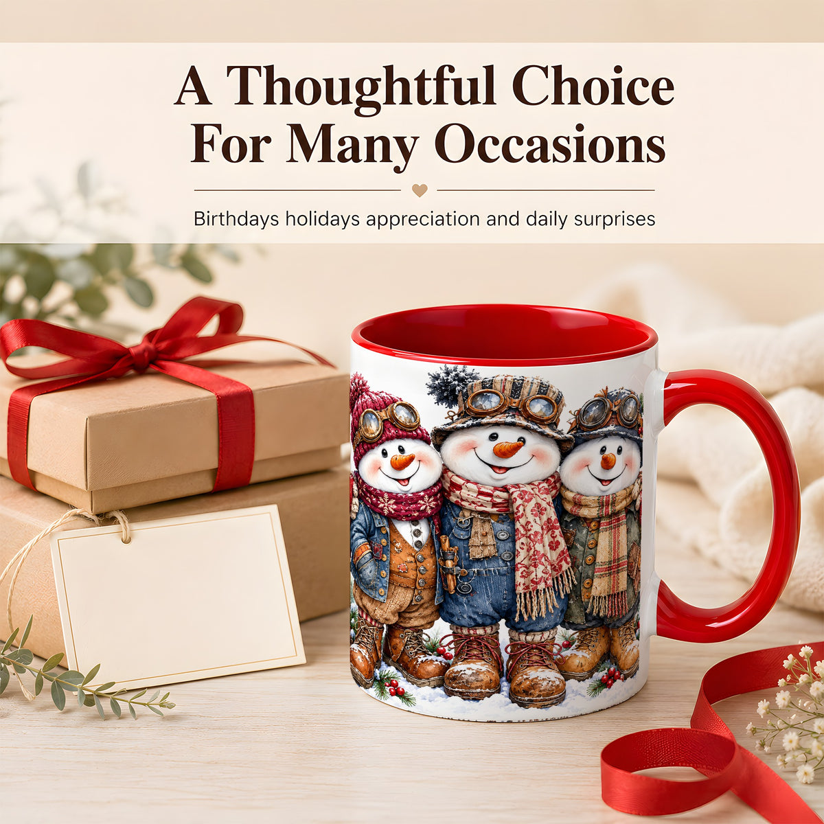 #pl[11oz|Red] Steampunk Snowman Coffee Mug, Winter Friends Mug, Ceramic Cup