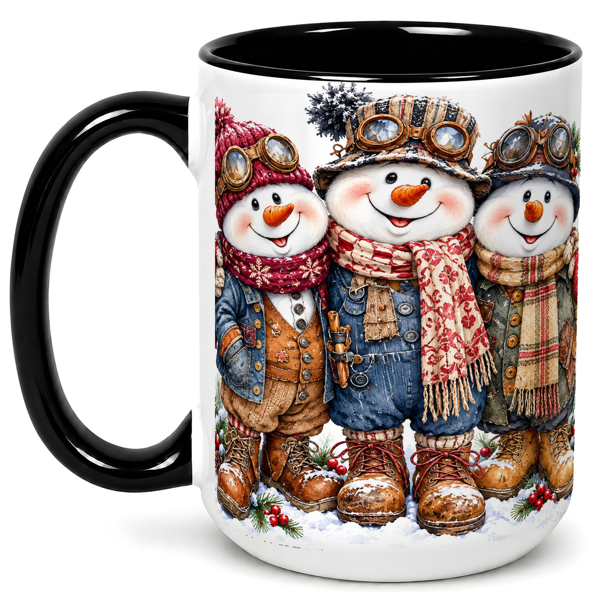 #pl[15oz|Black] Steampunk Snowman Coffee Mug, Winter Friends Mug, Ceramic Cup