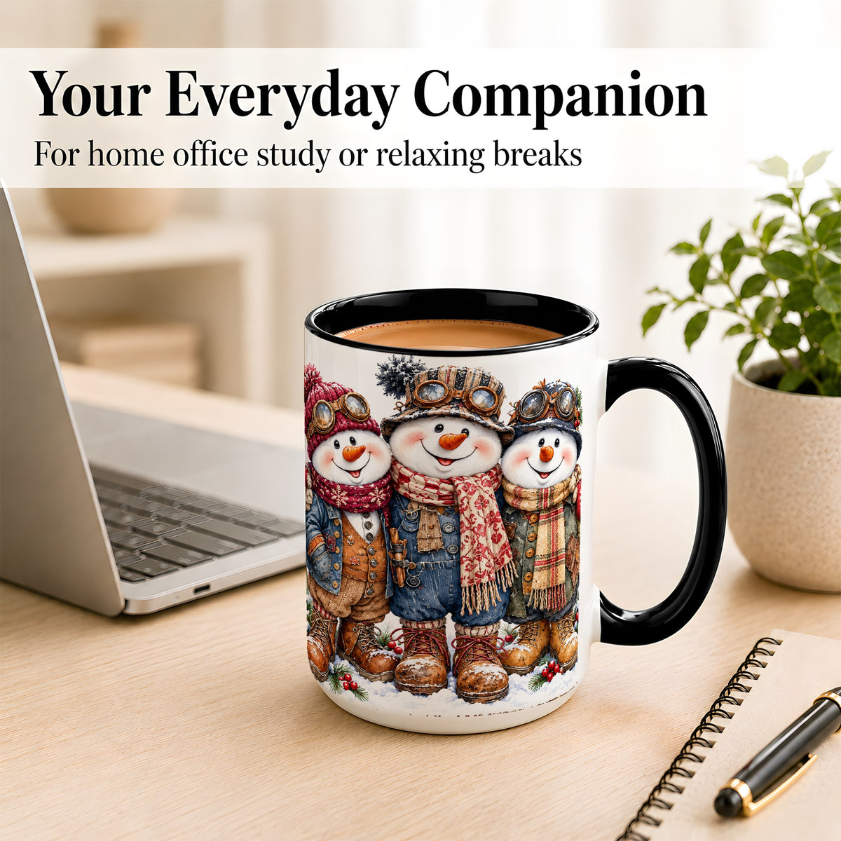 #pl[15oz|Black] Steampunk Snowman Coffee Mug, Winter Friends Mug, Ceramic Cup