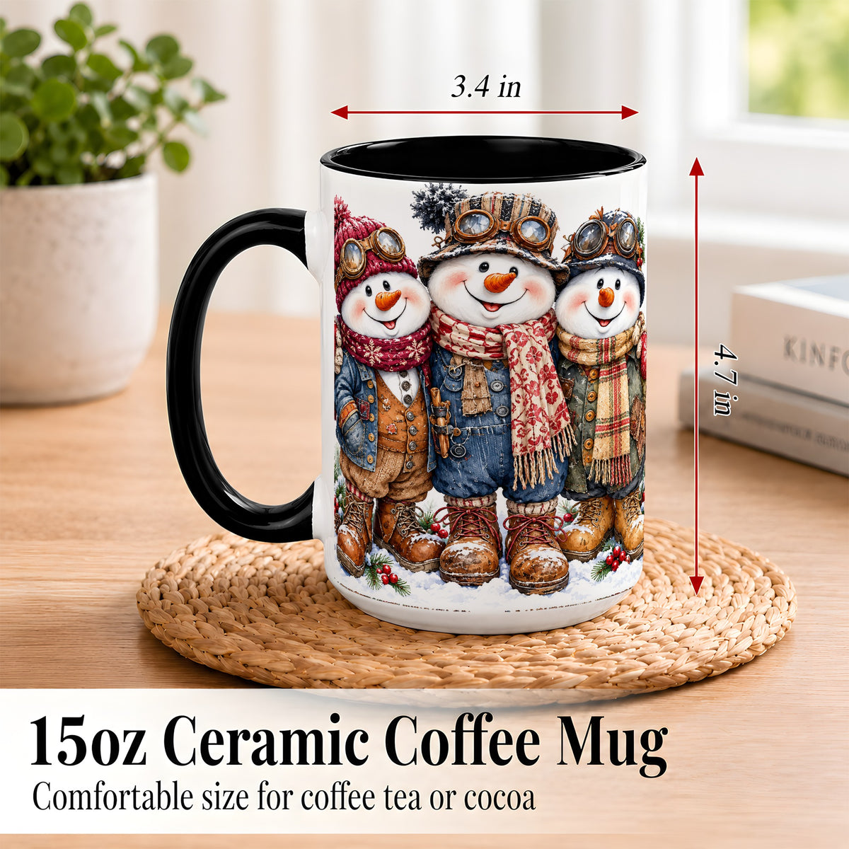 #pl[15oz|Black] Steampunk Snowman Coffee Mug, Winter Friends Mug, Ceramic Cup