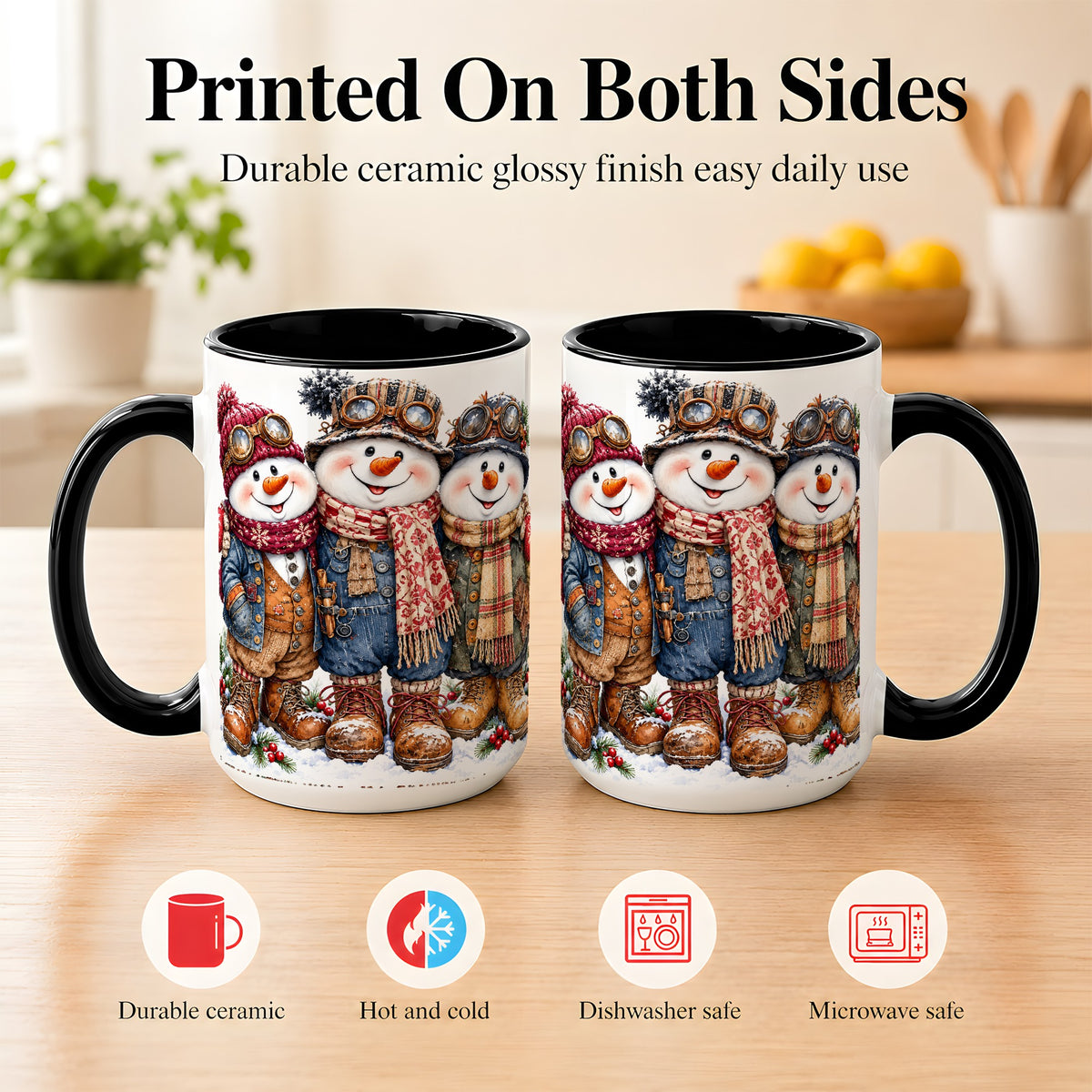 #pl[15oz|Black] Steampunk Snowman Coffee Mug, Winter Friends Mug, Ceramic Cup