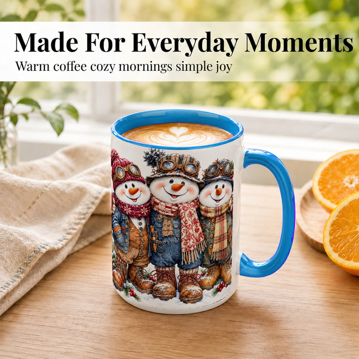 #pl[15oz|Blue] Steampunk Snowman Coffee Mug, Winter Friends Mug, Ceramic Cup