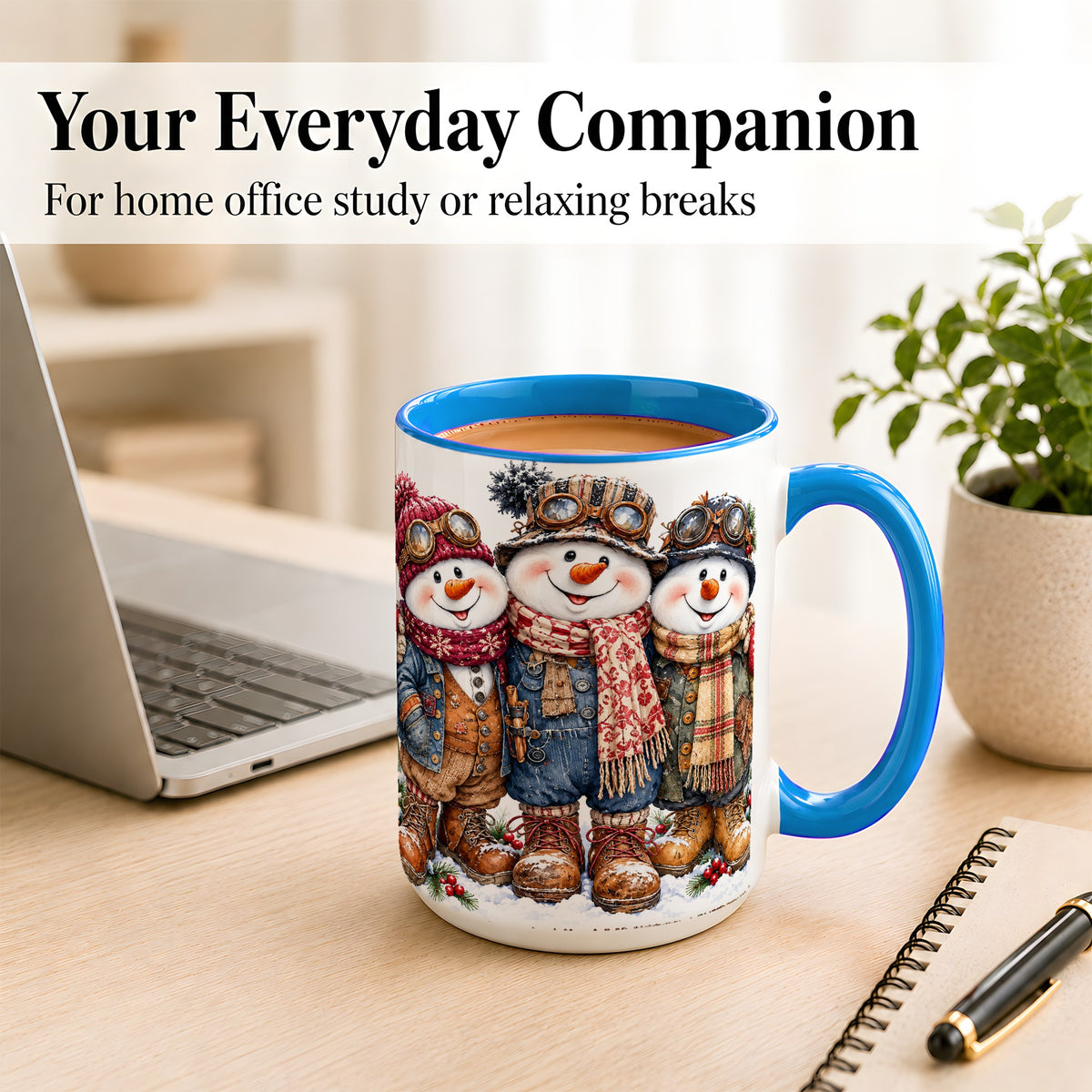 #pl[15oz|Blue] Steampunk Snowman Coffee Mug, Winter Friends Mug, Ceramic Cup