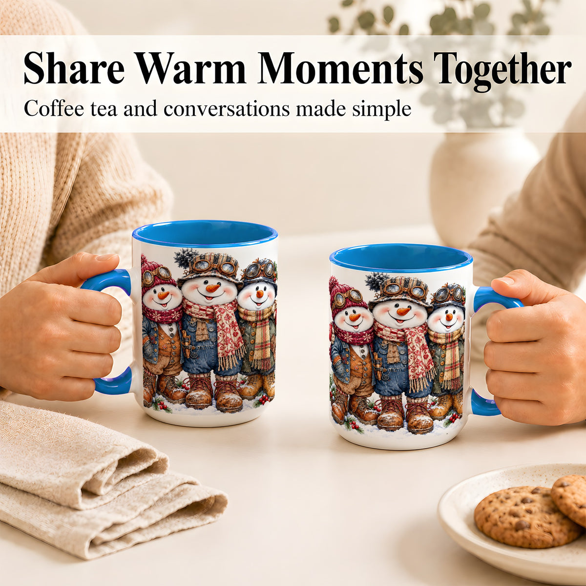 #pl[15oz|Blue] Steampunk Snowman Coffee Mug, Winter Friends Mug, Ceramic Cup