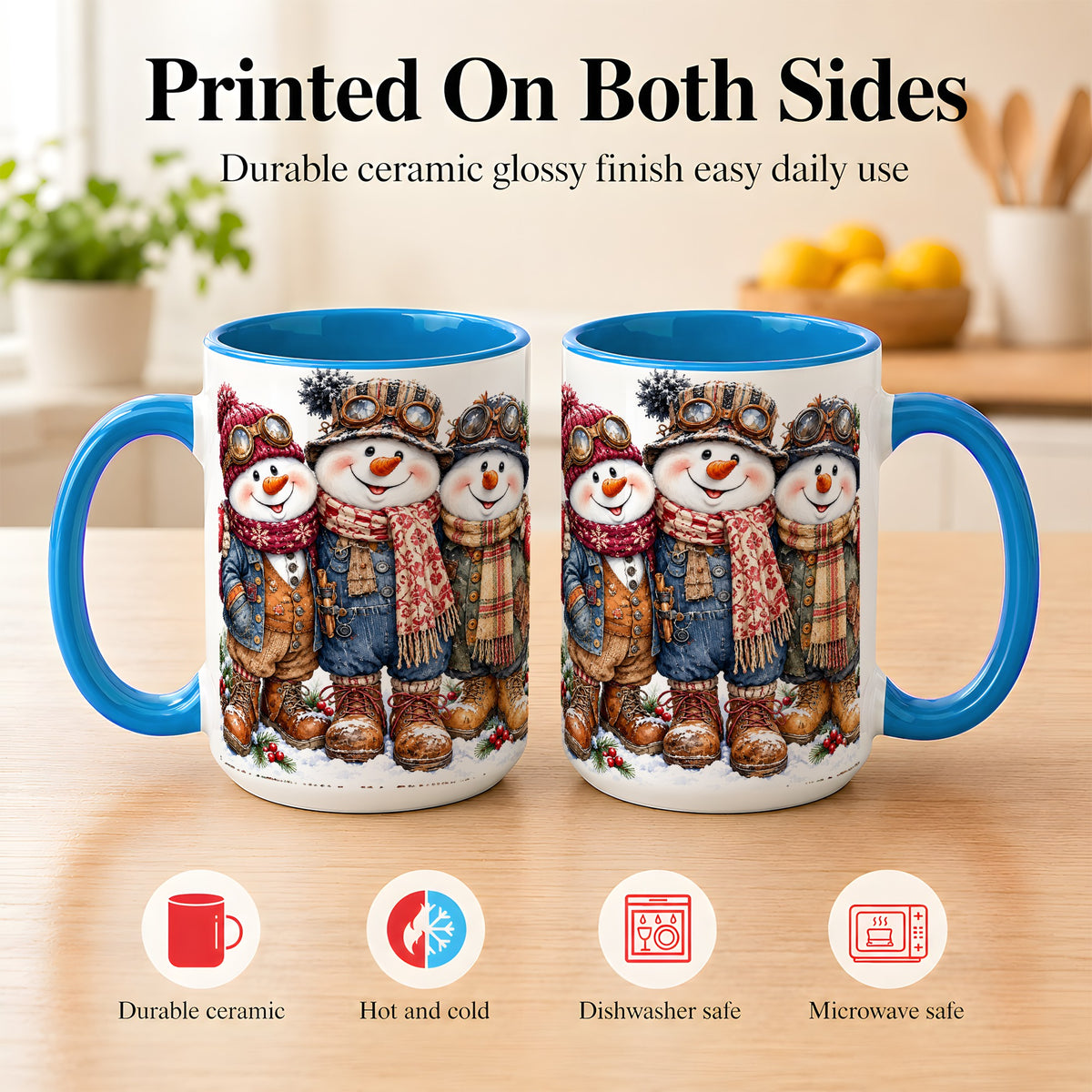 #pl[15oz|Blue] Steampunk Snowman Coffee Mug, Winter Friends Mug, Ceramic Cup