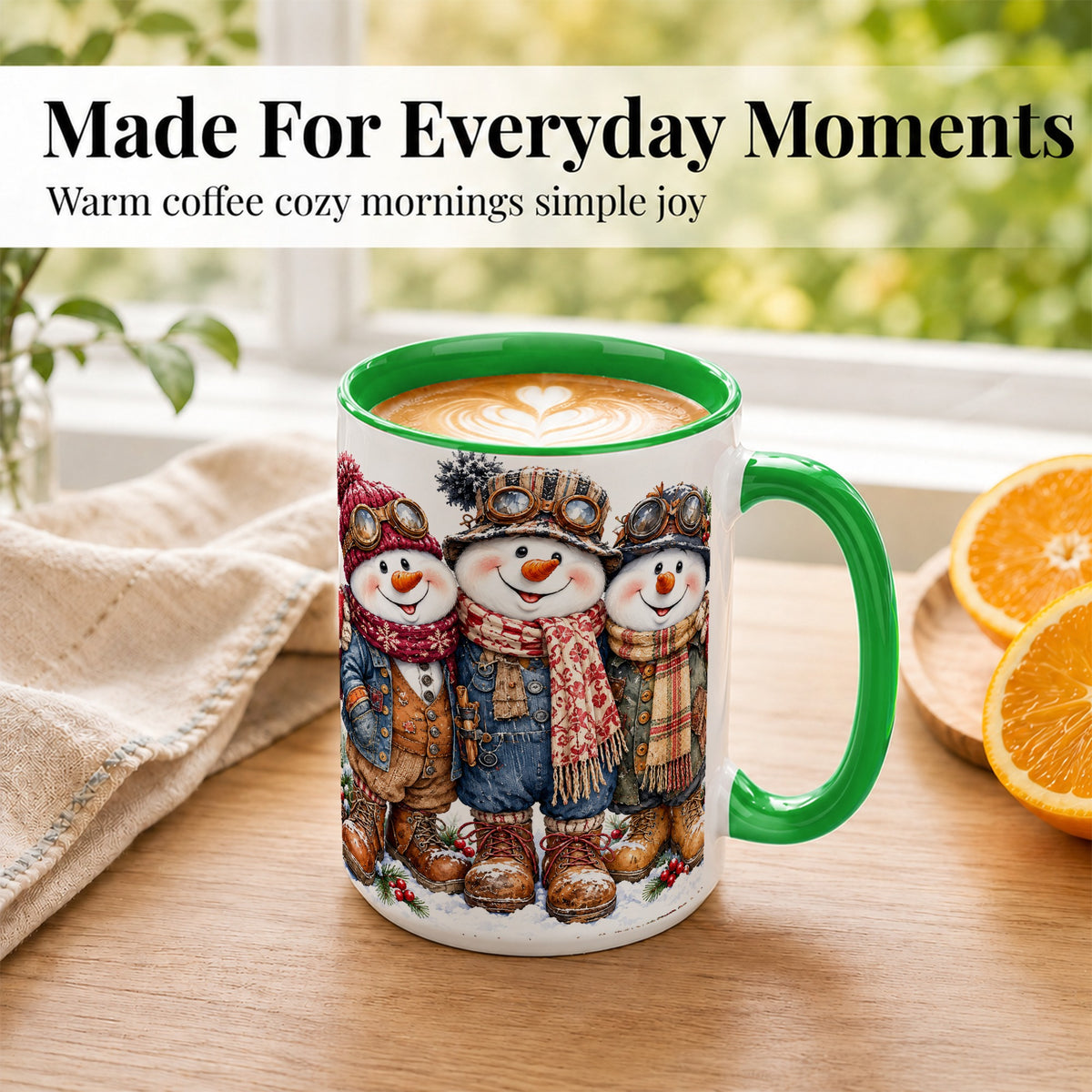 #pl[15oz|Green] Steampunk Snowman Coffee Mug, Winter Friends Mug, Ceramic Cup