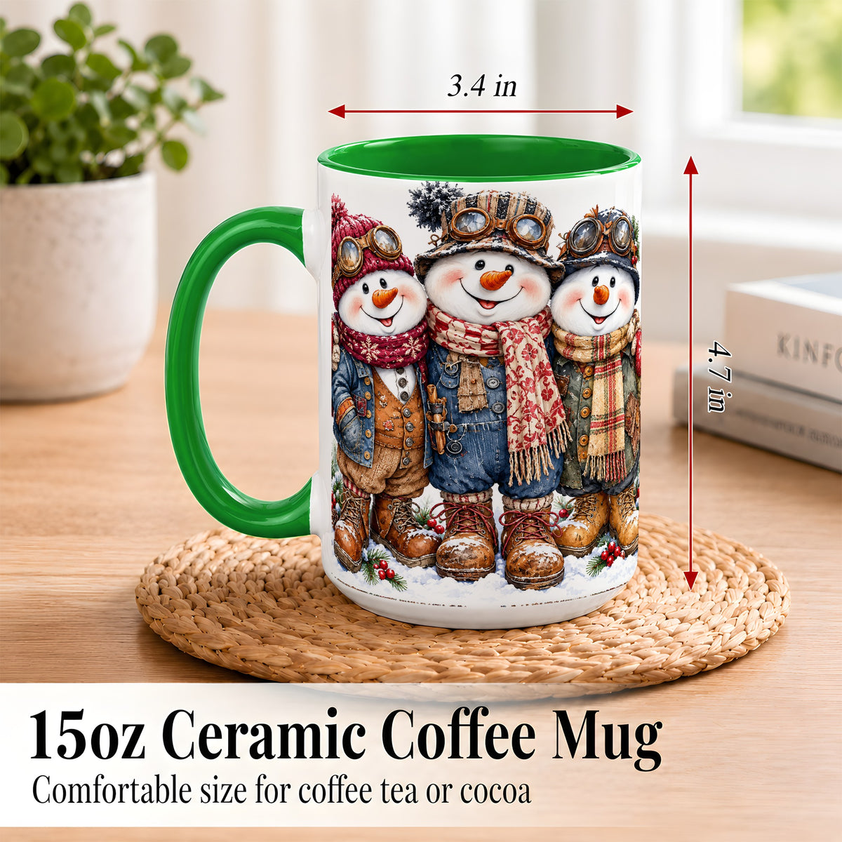 #pl[15oz|Green] Steampunk Snowman Coffee Mug, Winter Friends Mug, Ceramic Cup