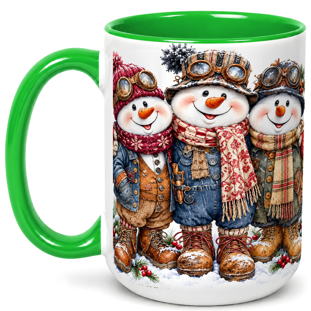 #pl[15oz|Green] Steampunk Snowman Coffee Mug, Winter Friends Mug, Ceramic Cup