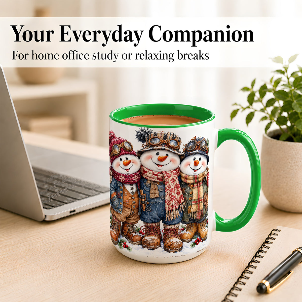 #pl[15oz|Green] Steampunk Snowman Coffee Mug, Winter Friends Mug, Ceramic Cup