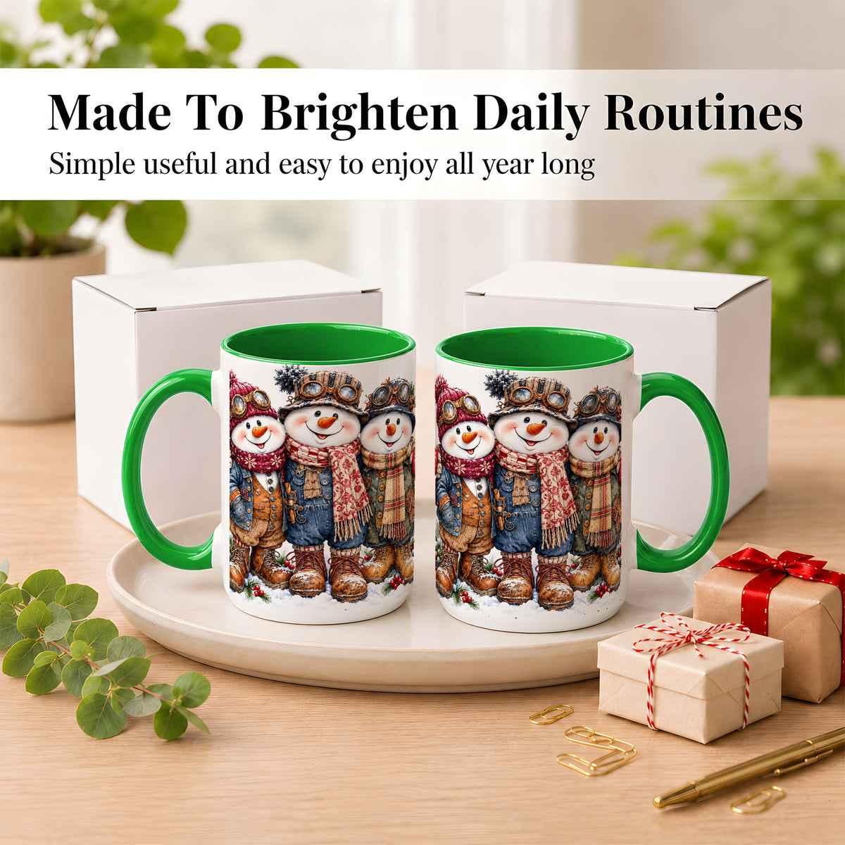 #pl[15oz|Green] Steampunk Snowman Coffee Mug, Winter Friends Mug, Ceramic Cup