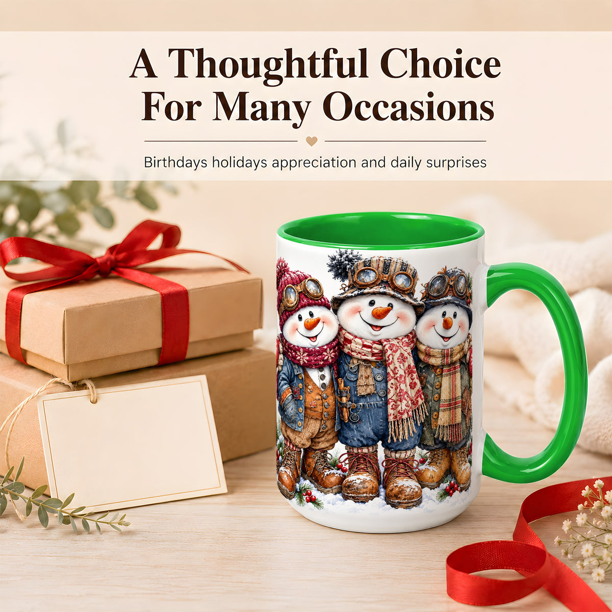 #pl[15oz|Green] Steampunk Snowman Coffee Mug, Winter Friends Mug, Ceramic Cup