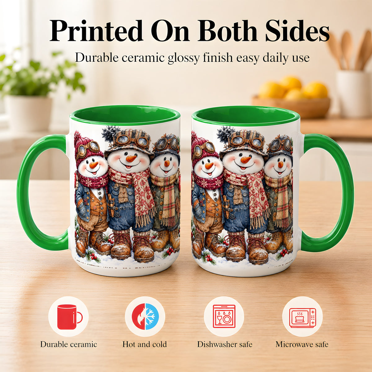 #pl[15oz|Green] Steampunk Snowman Coffee Mug, Winter Friends Mug, Ceramic Cup