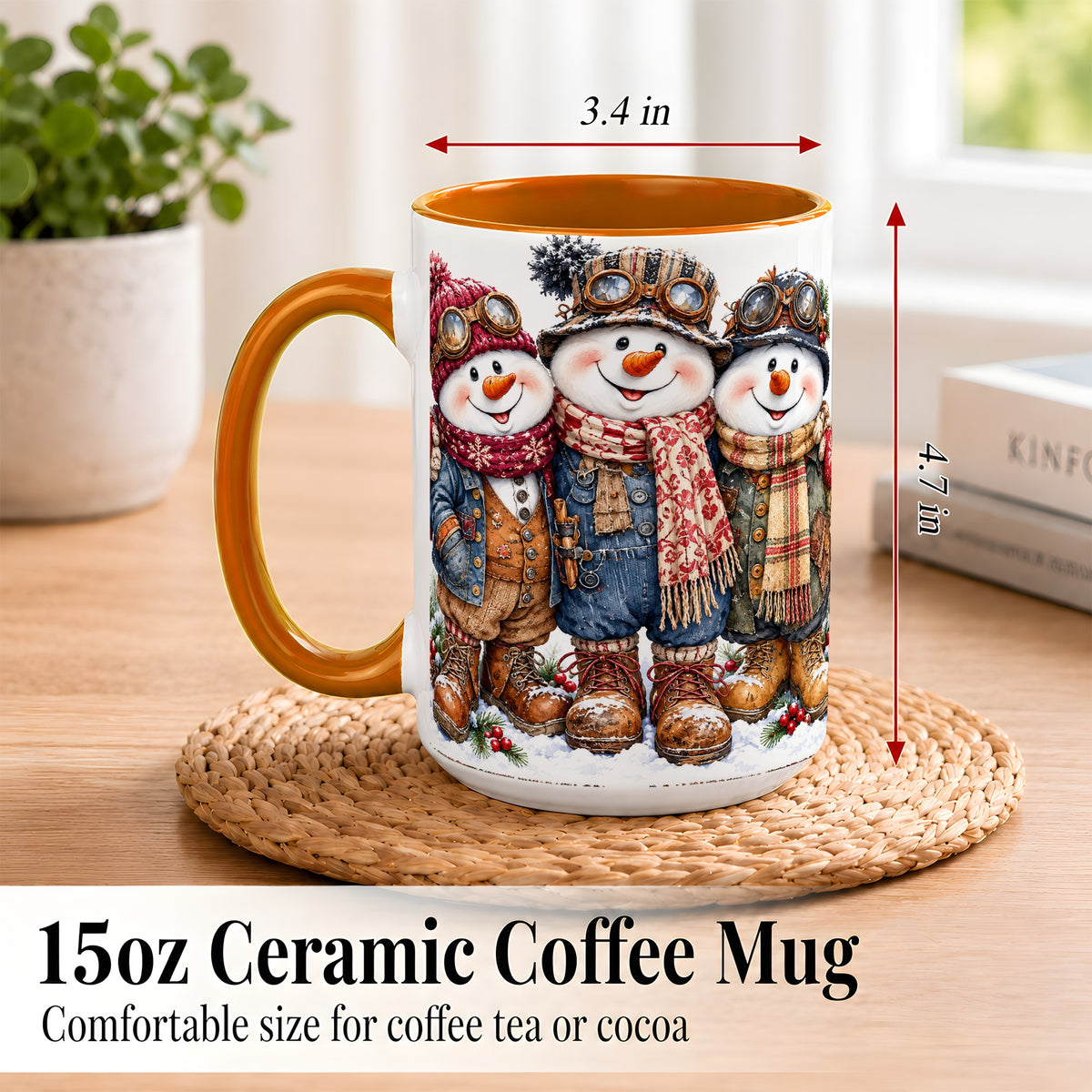 #pl[15oz|Orange] Steampunk Snowman Coffee Mug, Winter Friends Mug, Ceramic Cup