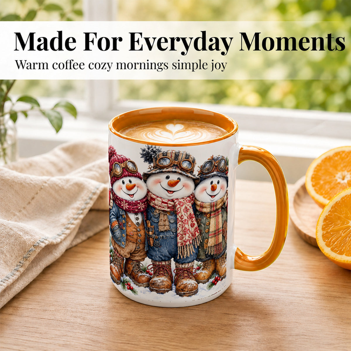 #pl[15oz|Orange] Steampunk Snowman Coffee Mug, Winter Friends Mug, Ceramic Cup