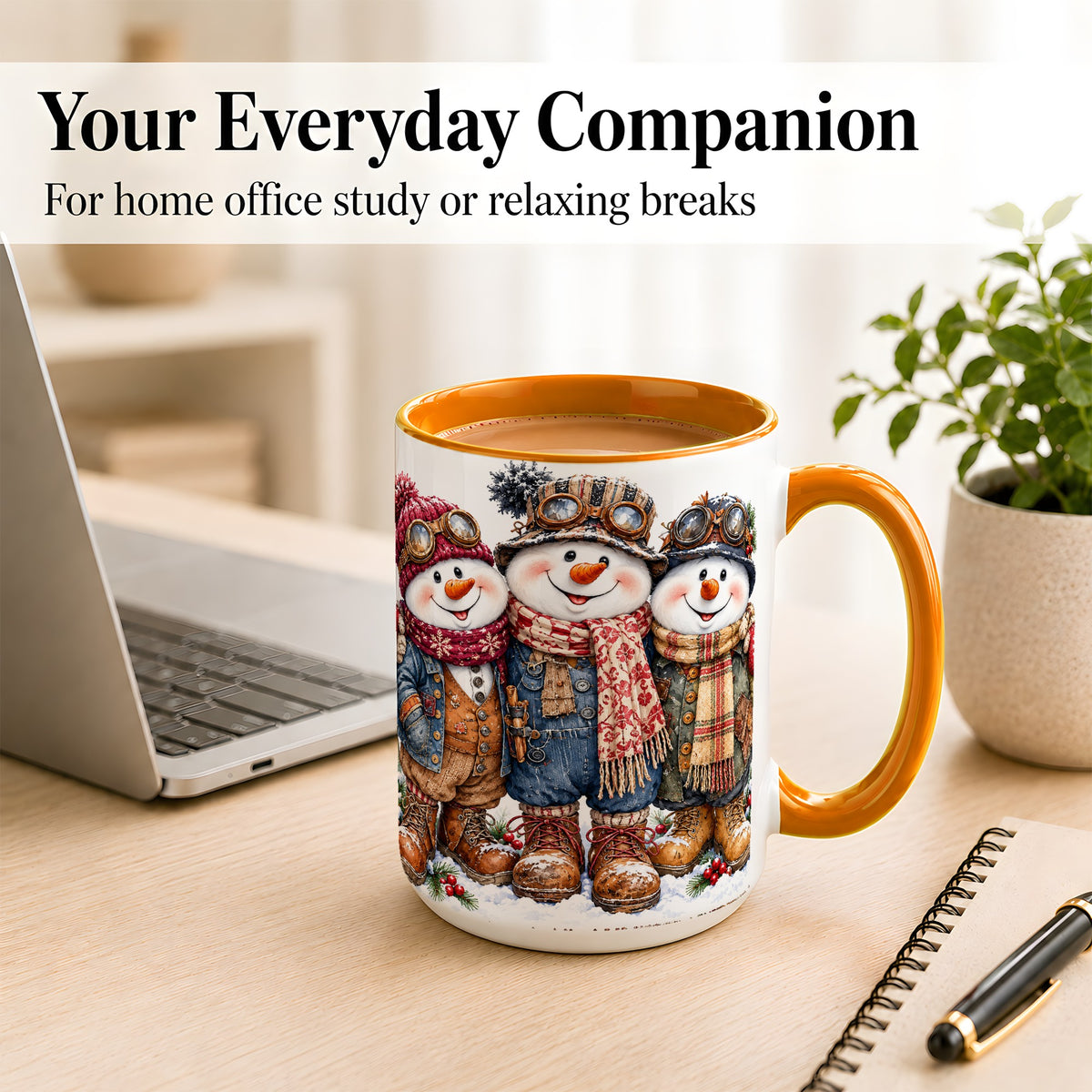 #pl[15oz|Orange] Steampunk Snowman Coffee Mug, Winter Friends Mug, Ceramic Cup