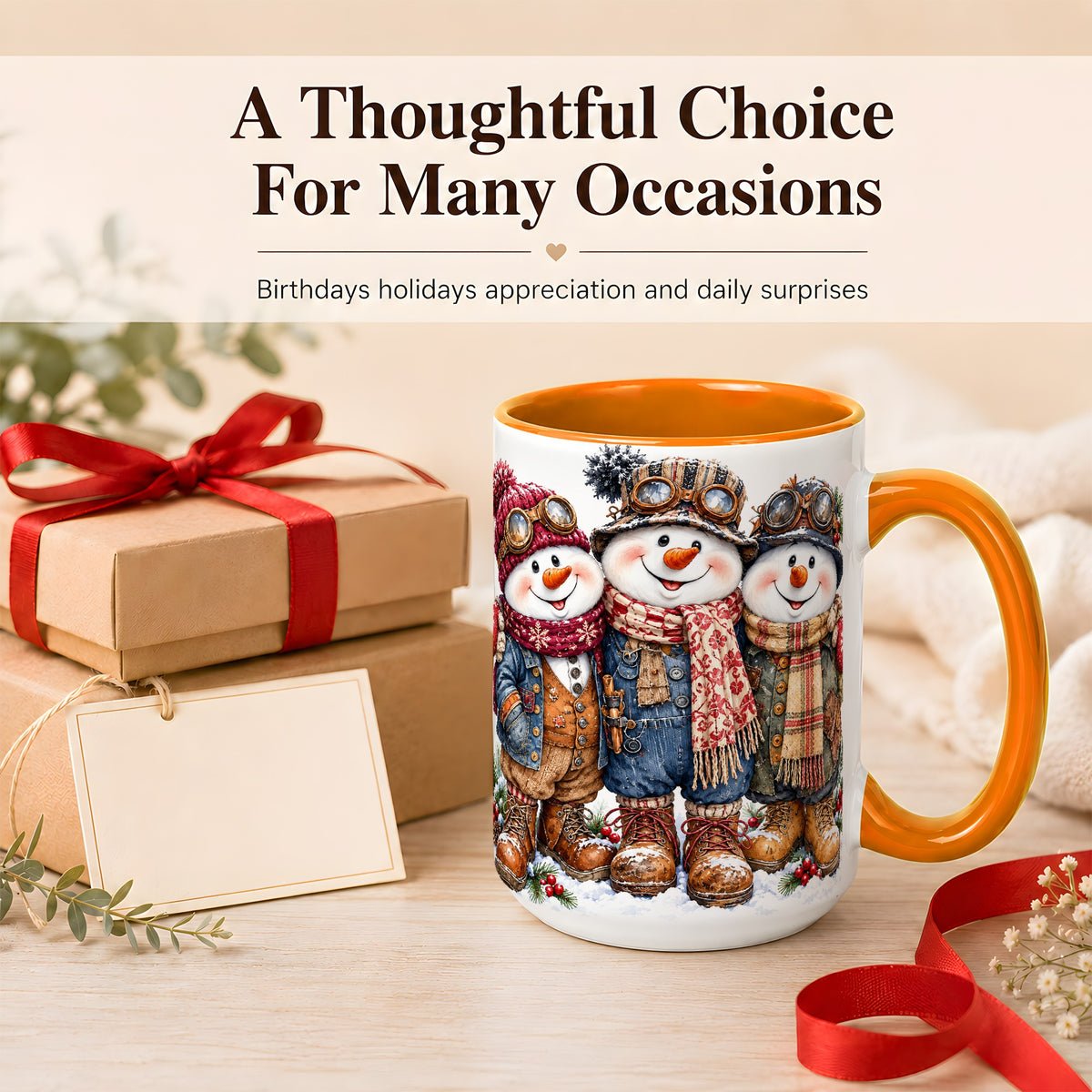 #pl[15oz|Orange] Steampunk Snowman Coffee Mug, Winter Friends Mug, Ceramic Cup