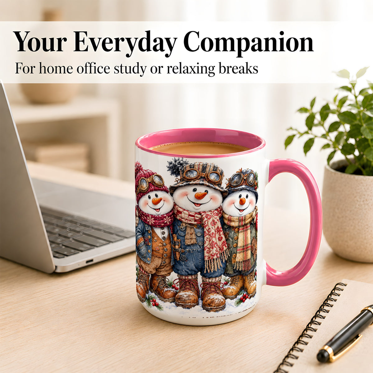#pl[15oz|Pink] Steampunk Snowman Coffee Mug, Winter Friends Mug, Ceramic Cup