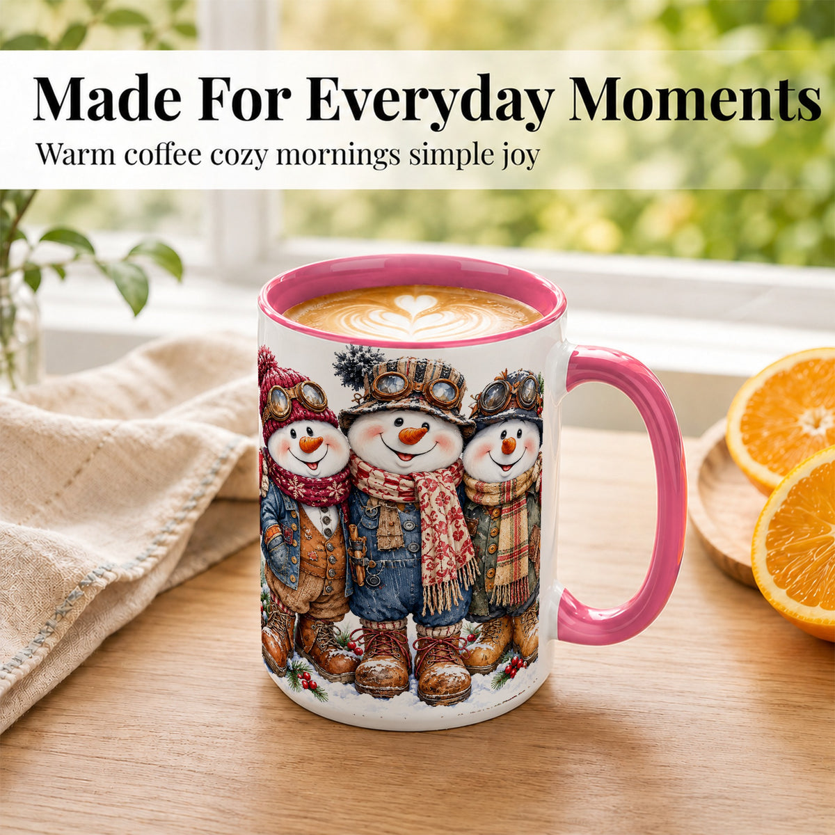 #pl[15oz|Pink] Steampunk Snowman Coffee Mug, Winter Friends Mug, Ceramic Cup