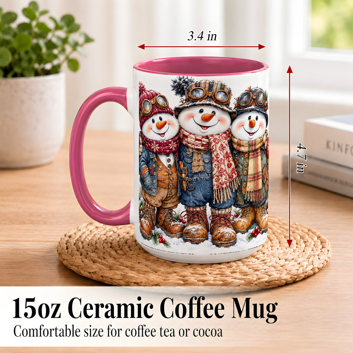 #pl[15oz|Pink] Steampunk Snowman Coffee Mug, Winter Friends Mug, Ceramic Cup