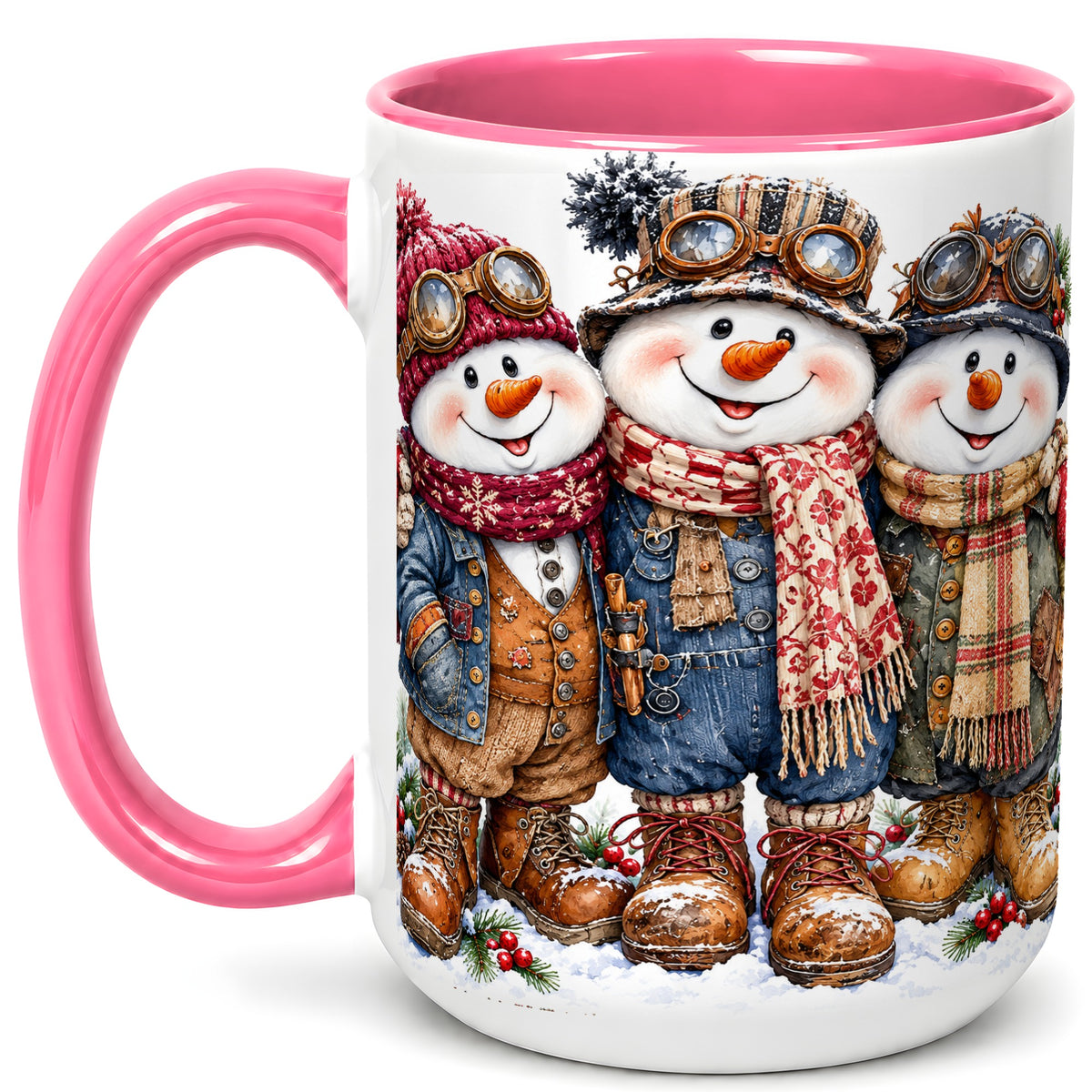 #pl[15oz|Pink] Steampunk Snowman Coffee Mug, Winter Friends Mug, Ceramic Cup