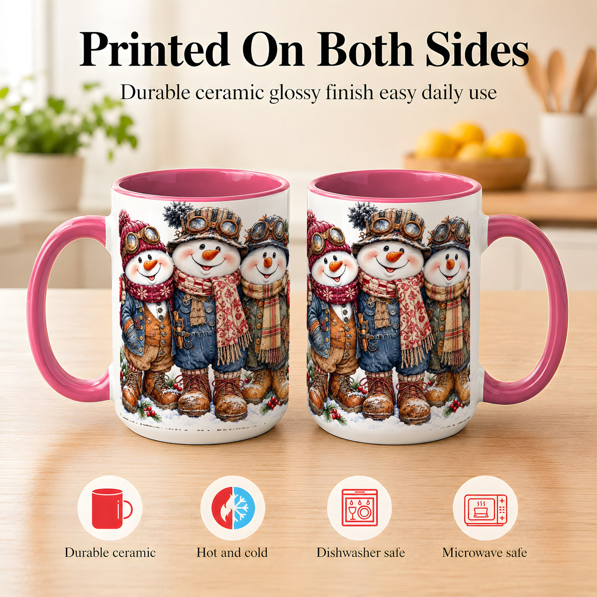 #pl[15oz|Pink] Steampunk Snowman Coffee Mug, Winter Friends Mug, Ceramic Cup