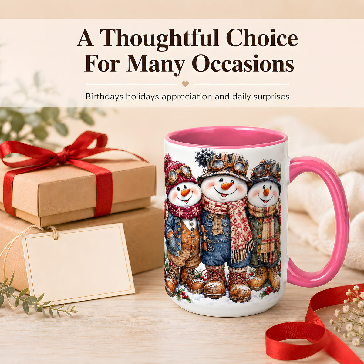 #pl[15oz|Pink] Steampunk Snowman Coffee Mug, Winter Friends Mug, Ceramic Cup