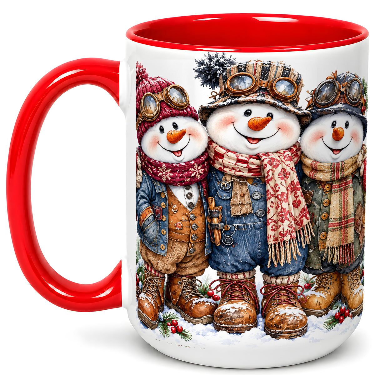 #pl[15oz|Red] Steampunk Snowman Coffee Mug, Winter Friends Mug, Ceramic Cup