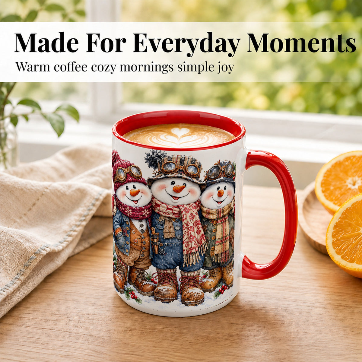 #pl[15oz|Red] Steampunk Snowman Coffee Mug, Winter Friends Mug, Ceramic Cup