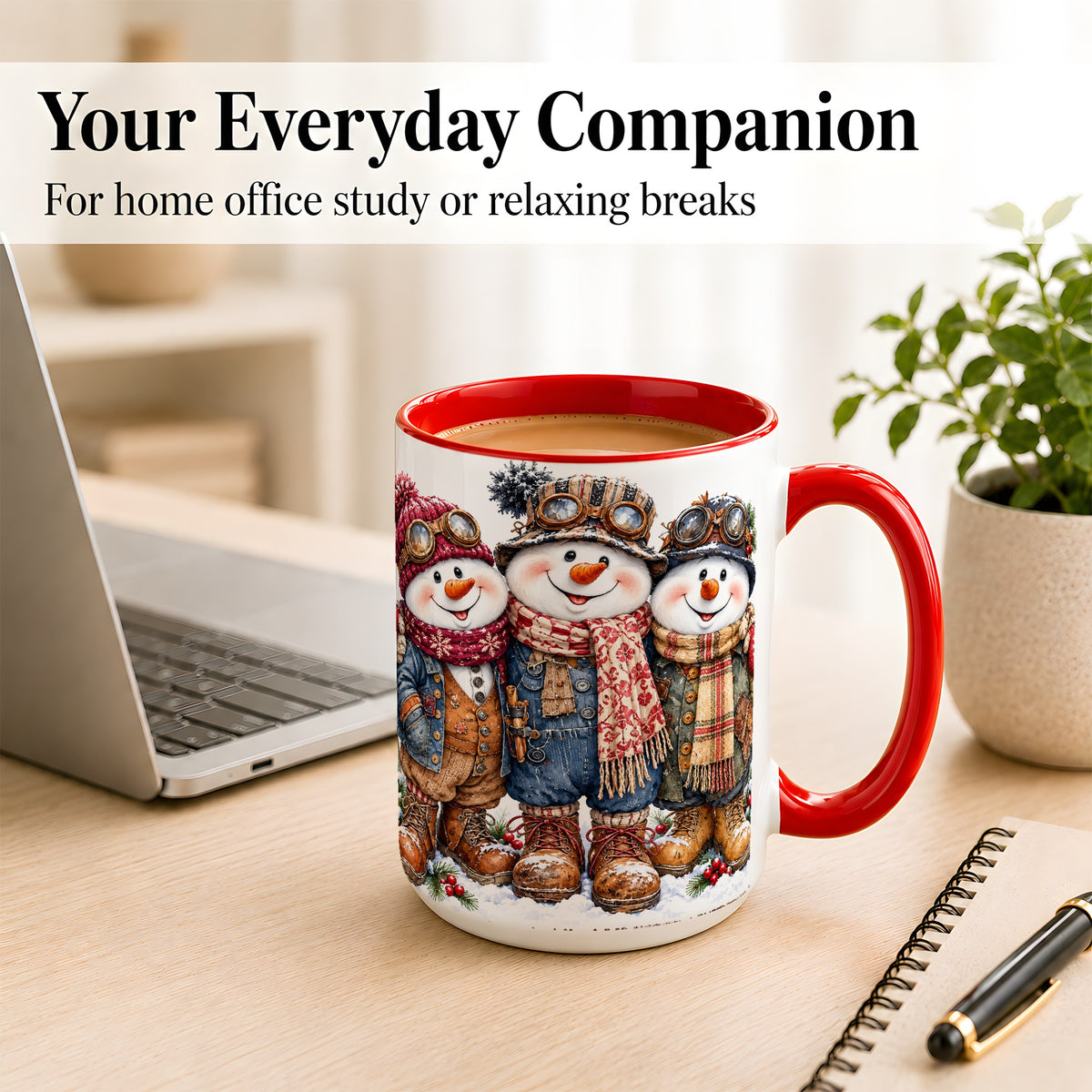 #pl[15oz|Red] Steampunk Snowman Coffee Mug, Winter Friends Mug, Ceramic Cup