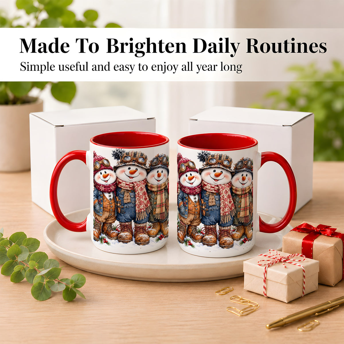#pl[15oz|Red] Steampunk Snowman Coffee Mug, Winter Friends Mug, Ceramic Cup