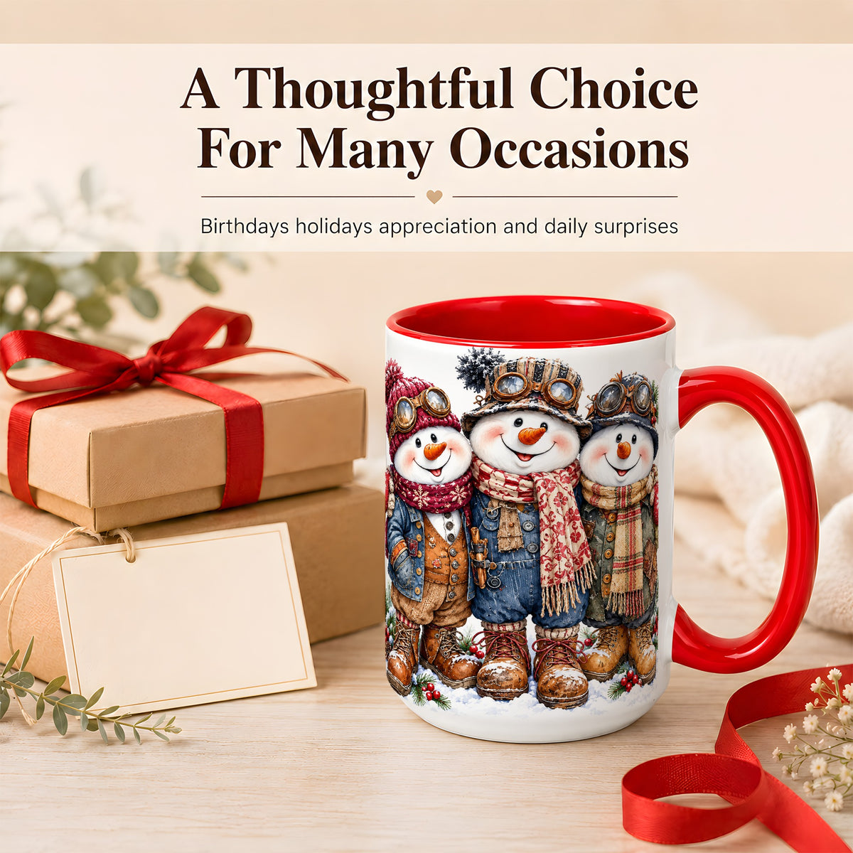 #pl[15oz|Red] Steampunk Snowman Coffee Mug, Winter Friends Mug, Ceramic Cup