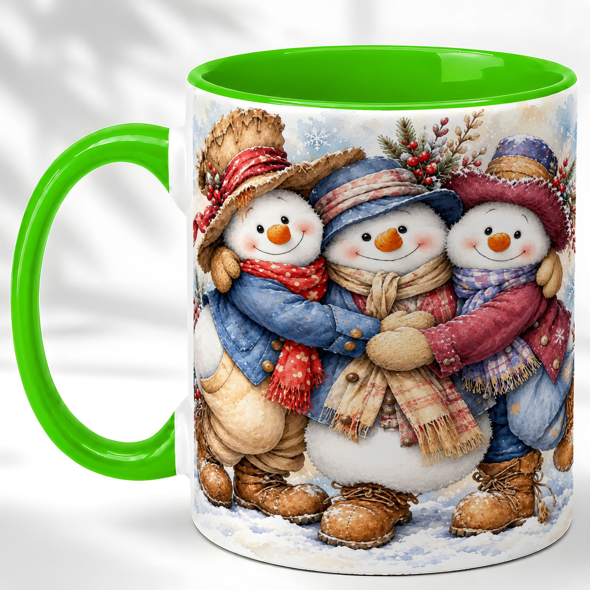 #pl[11oz|Green] Cozy Snowman Friends Coffee Mug, Winter Trio Mug, Ceramic Cup