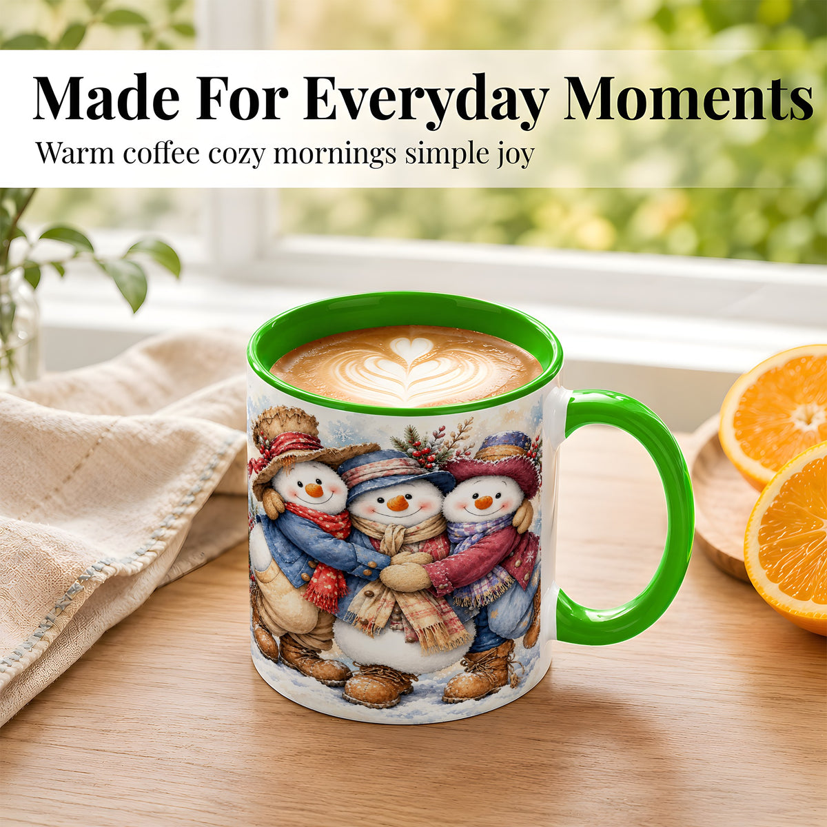 #pl[11oz|Green] Cozy Snowman Friends Coffee Mug, Winter Trio Mug, Ceramic Cup