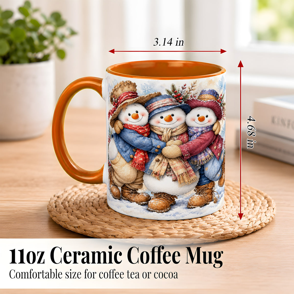 #pl[11oz|Orange] Cozy Snowman Friends Coffee Mug, Winter Trio Mug, Ceramic Cup