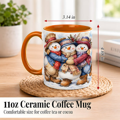 #pl[11oz|Orange] Cozy Snowman Friends Coffee Mug, Winter Trio Mug, Ceramic Cup