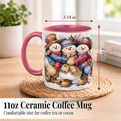 #pl[11oz|Pink] Cozy Snowman Friends Coffee Mug, Winter Trio Mug, Ceramic Cup