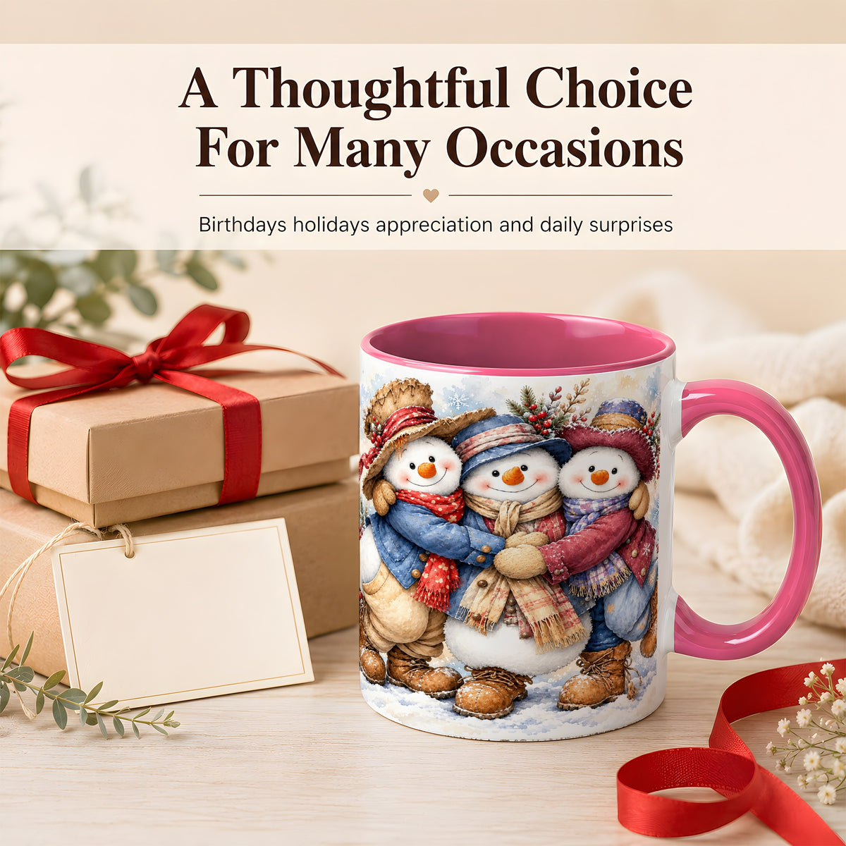 #pl[11oz|Pink] Cozy Snowman Friends Coffee Mug, Winter Trio Mug, Ceramic Cup