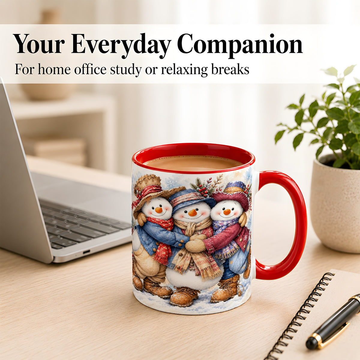 #pl[11oz|Red] Cozy Snowman Friends Coffee Mug, Winter Trio Mug, Ceramic Cup