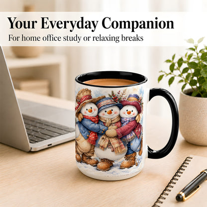 #pl[15oz|Black] Cozy Snowman Friends Coffee Mug, Winter Trio Mug, Ceramic Cup