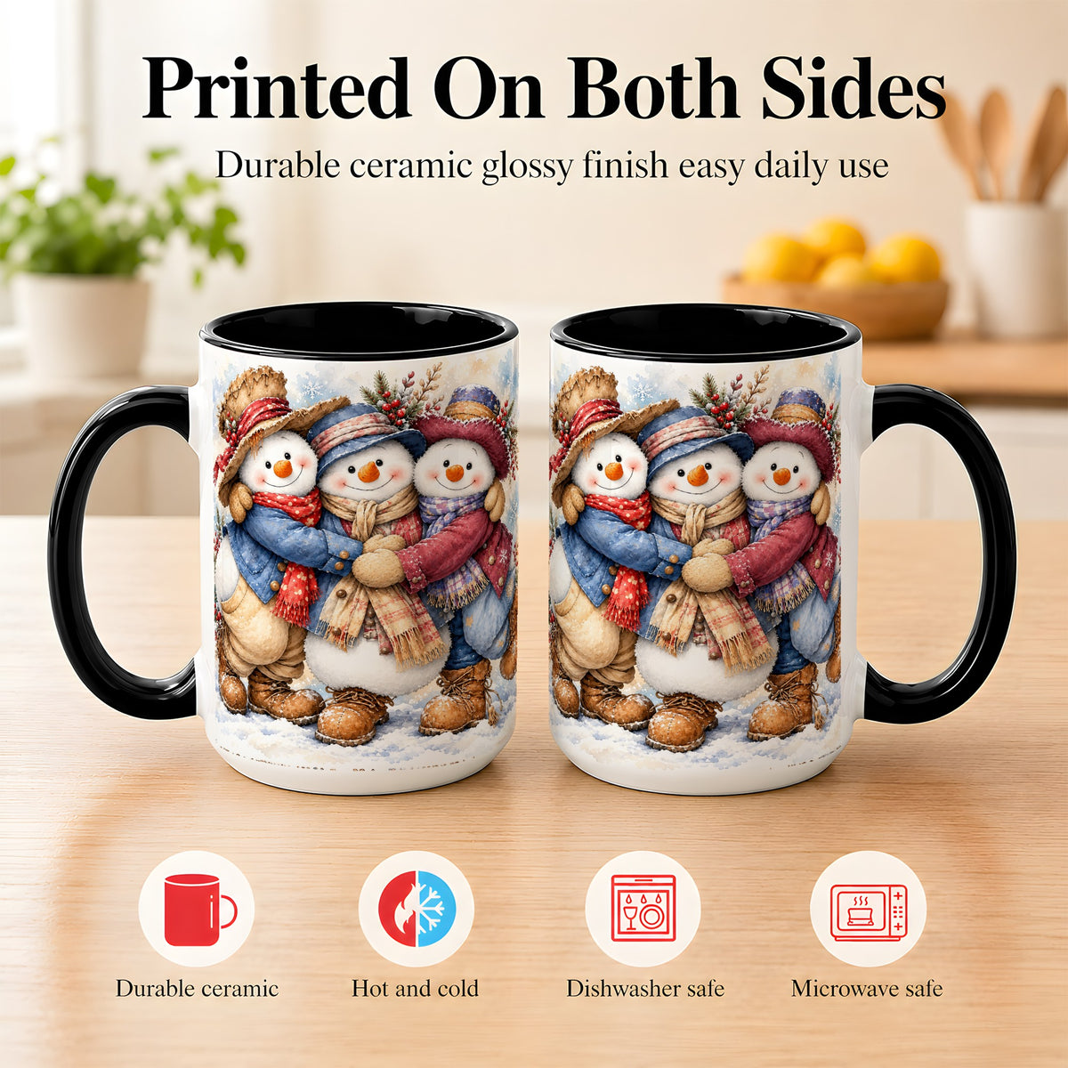 #pl[15oz|Black] Cozy Snowman Friends Coffee Mug, Winter Trio Mug, Ceramic Cup