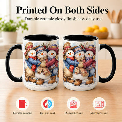 #pl[15oz|Black] Cozy Snowman Friends Coffee Mug, Winter Trio Mug, Ceramic Cup
