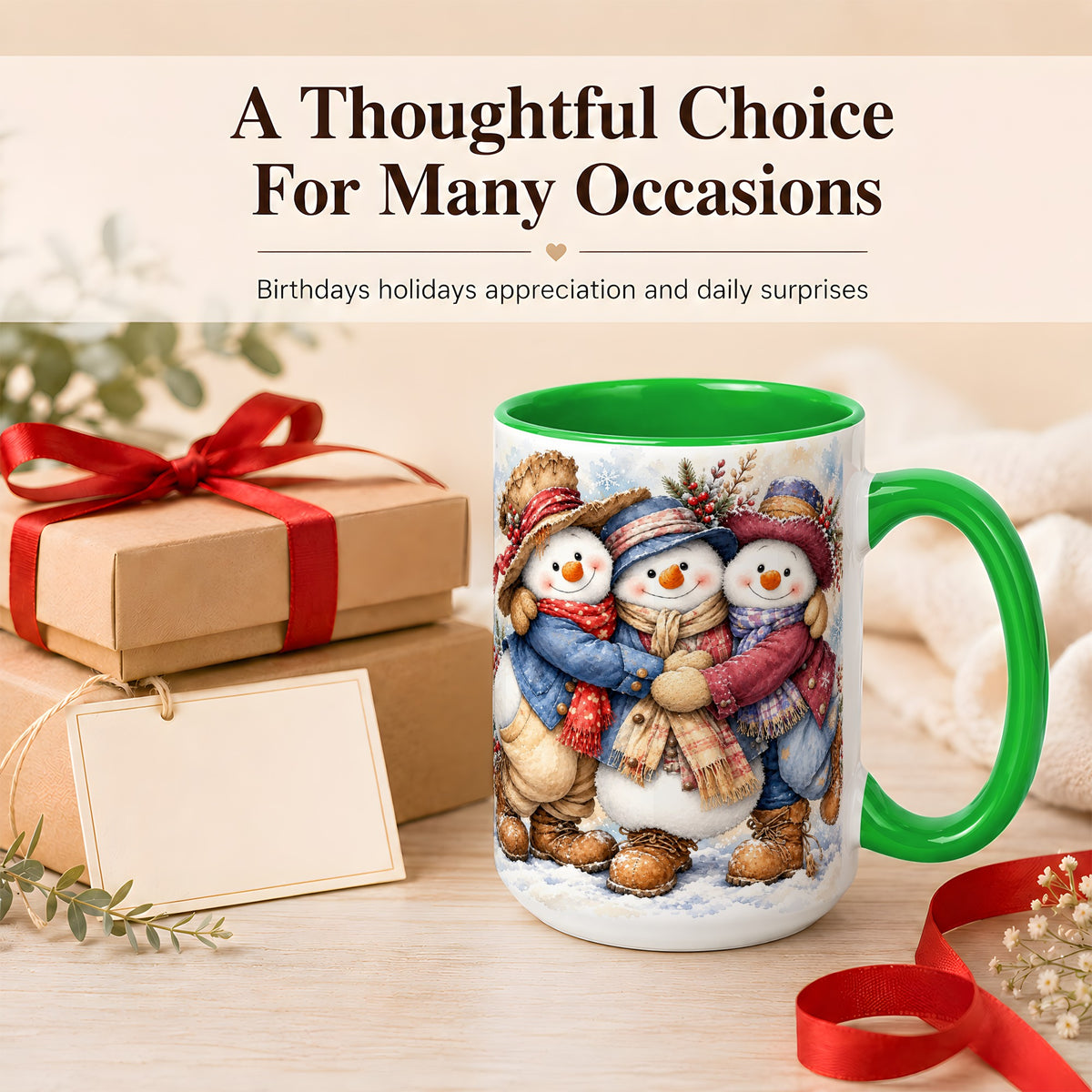 #pl[15oz|Green] Cozy Snowman Friends Coffee Mug, Winter Trio Mug, Ceramic Cup