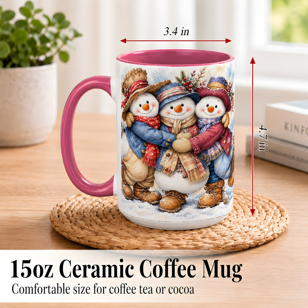 #pl[15oz|Pink] Cozy Snowman Friends Coffee Mug, Winter Trio Mug, Ceramic Cup
