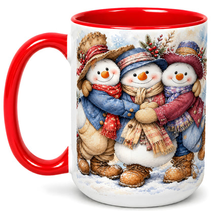 #pl[15oz|Red] Cozy Snowman Friends Coffee Mug, Winter Trio Mug, Ceramic Cup