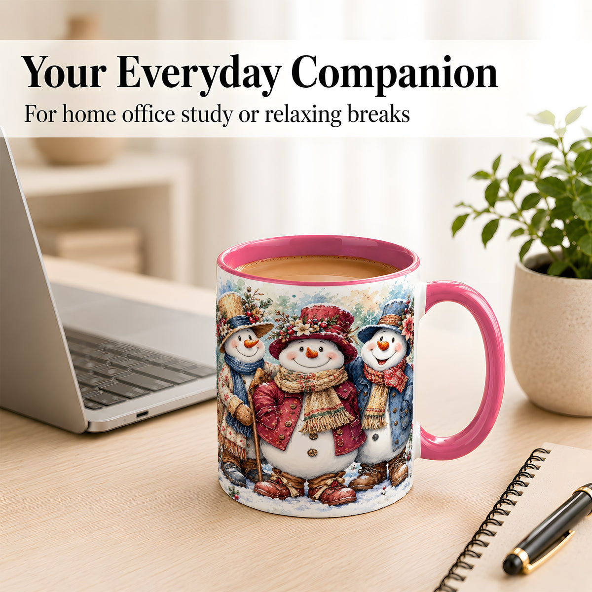 #pl[11oz|Pink] Botanical Snowman Coffee Mug, Winter Friends Mug, Ceramic Cup