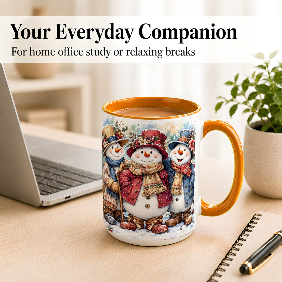 #pl[15oz|Orange] Botanical Snowman Coffee Mug, Winter Friends Mug, Ceramic Cup