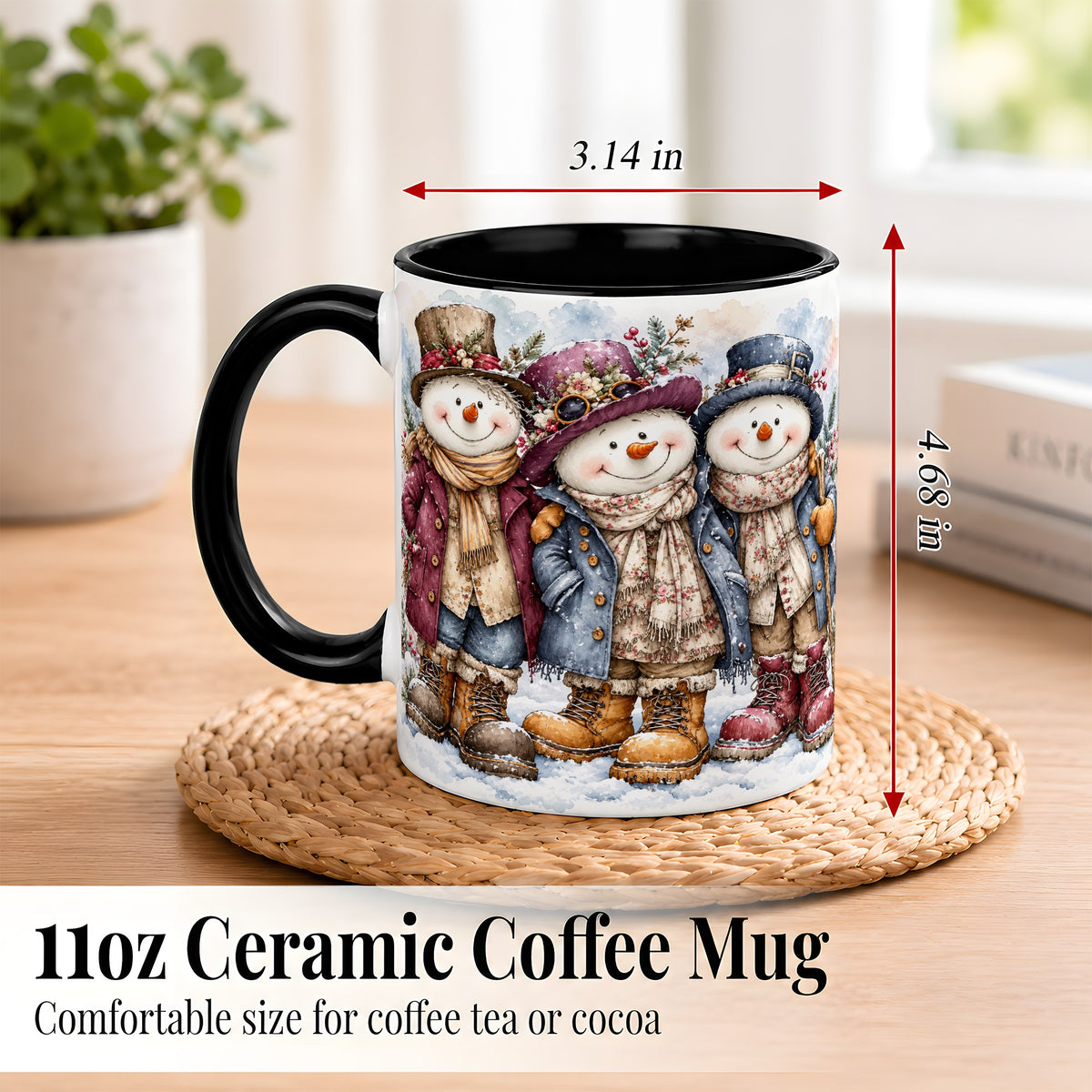 #pl[11oz|Black] Vintage Snowman Trio Coffee Mug, Classic Winter Mug, Ceramic Cup