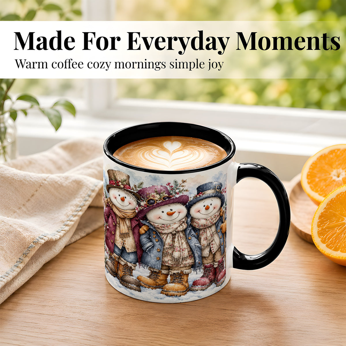 #pl[11oz|Black] Vintage Snowman Trio Coffee Mug, Classic Winter Mug, Ceramic Cup