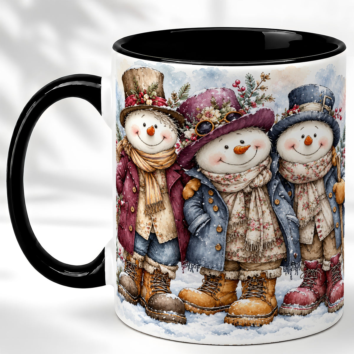 #pl[11oz|Black] Vintage Snowman Trio Coffee Mug, Classic Winter Mug, Ceramic Cup